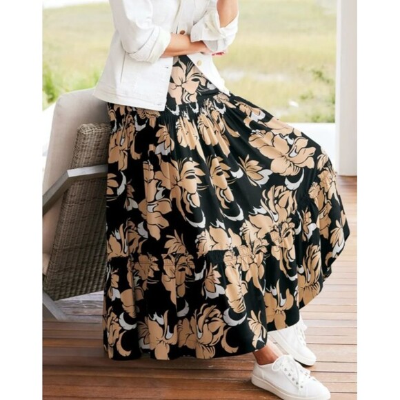 Soft Surroundings Halona Maxi Skirt Large Black/Beige Floral Tiered Boho Chic - Picture 1 of 16